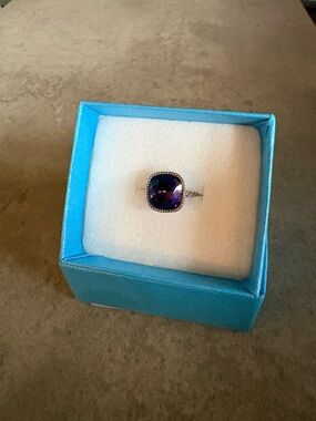 Touchstone Crystal Purple Cushion Ring with Silver Halo